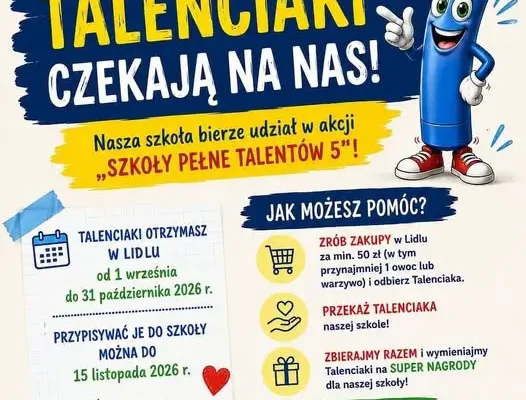 Szkoła Podstawowa nr 8 włącza się do akcji „Szkoły Pełne Talentów” – zbieraj Talenciaki i wspieraj uczniów!