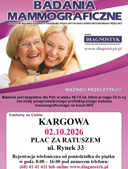 Bezpłatna mammografia w Kargowej – zbadaj się 2 października