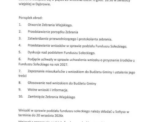 Zebranie wiejskie w Dąbrowie – podział Funduszu Sołeckiego na 2027 rok