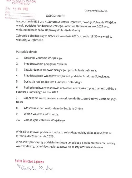 Zebranie wiejskie w Dąbrowie – podział Funduszu Sołeckiego na 2027 rok