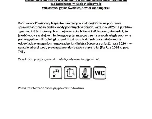 Woda w Wilkanowie znów bezpieczna. Sanepid potwierdza przydatność do spożycia