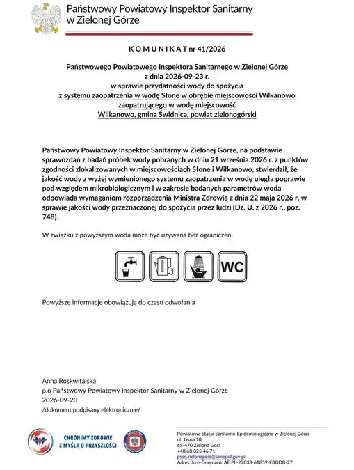 Woda w Wilkanowie znów bezpieczna. Sanepid potwierdza przydatność do spożycia
