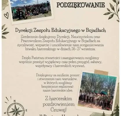 Podziękowania dla harcerzy z 321 Szczepu „Paradoks” po biwaku w Bojadłach
