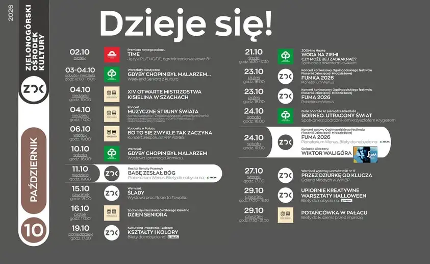 Październik w Zielonogórskim Ośrodku Kultury – koncerty, wystawy, warsztaty i FUMA 2026
