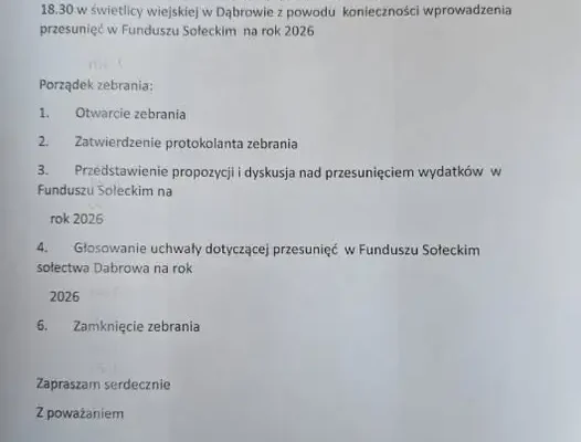 Nadzwyczajne Zebranie Wiejskie w Dąbrowie – mieszkańcy zdecydują o przesunięciach w Funduszu Sołeckim