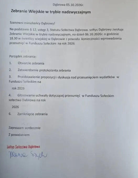 Nadzwyczajne Zebranie Wiejskie w Dąbrowie – mieszkańcy zdecydują o przesunięciach w Funduszu Sołeckim